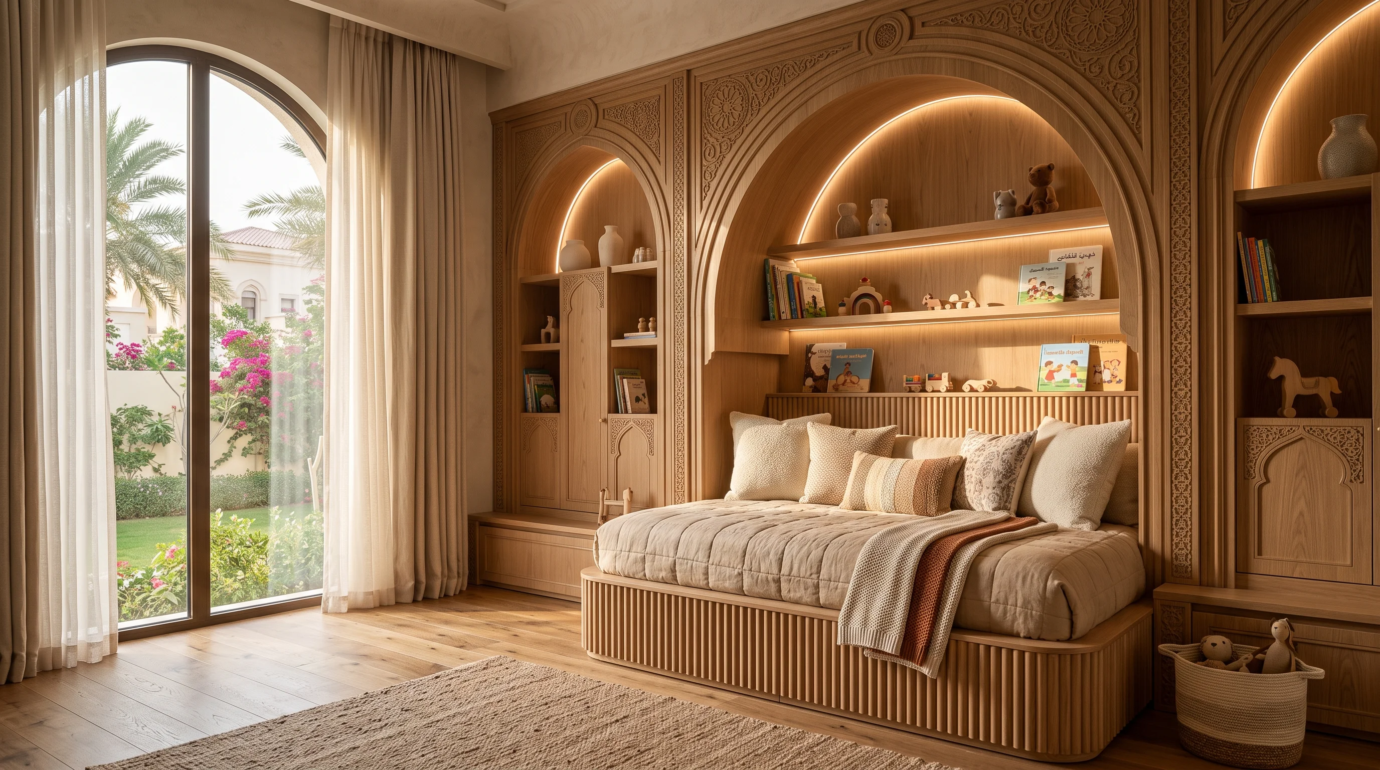 Mezzanine loft bunk with reading alcove in Al Waab family villa